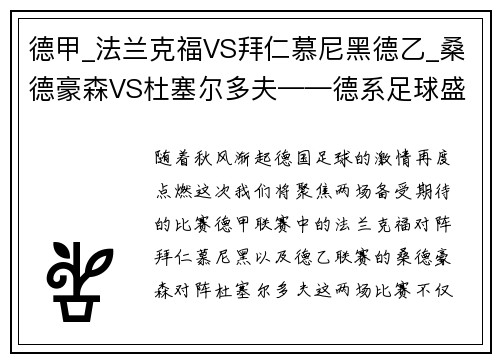 德甲_法兰克福VS拜仁慕尼黑德乙_桑德豪森VS杜塞尔多夫——德系足球盛宴