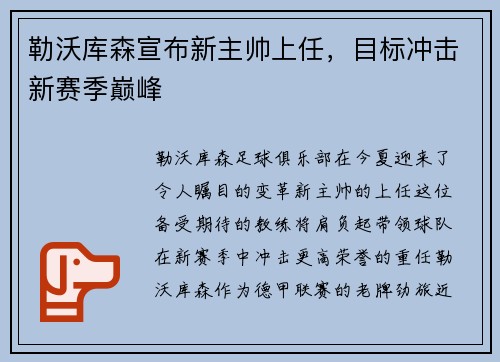 勒沃库森宣布新主帅上任，目标冲击新赛季巅峰