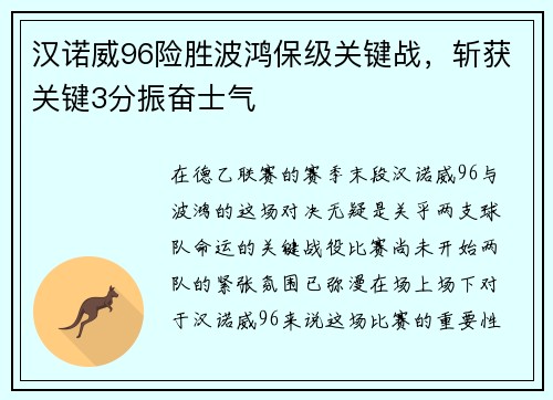 汉诺威96险胜波鸿保级关键战，斩获关键3分振奋士气