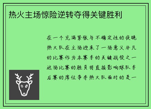 热火主场惊险逆转夺得关键胜利