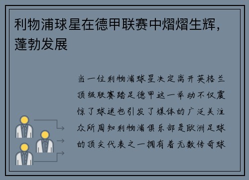 利物浦球星在德甲联赛中熠熠生辉，蓬勃发展