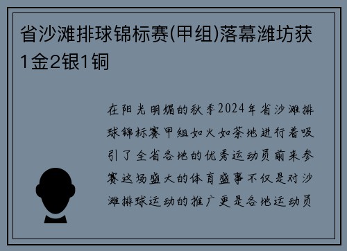 省沙滩排球锦标赛(甲组)落幕潍坊获1金2银1铜