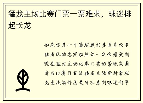 猛龙主场比赛门票一票难求，球迷排起长龙