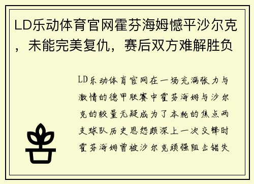 LD乐动体育官网霍芬海姆憾平沙尔克，未能完美复仇，赛后双方难解胜负