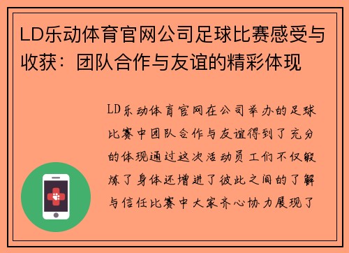 LD乐动体育官网公司足球比赛感受与收获：团队合作与友谊的精彩体现