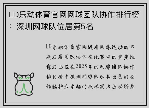 LD乐动体育官网网球团队协作排行榜：深圳网球队位居第5名