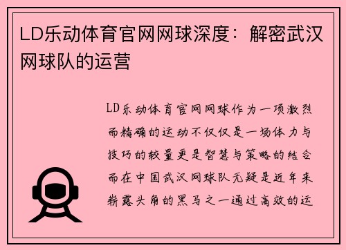 LD乐动体育官网网球深度：解密武汉网球队的运营